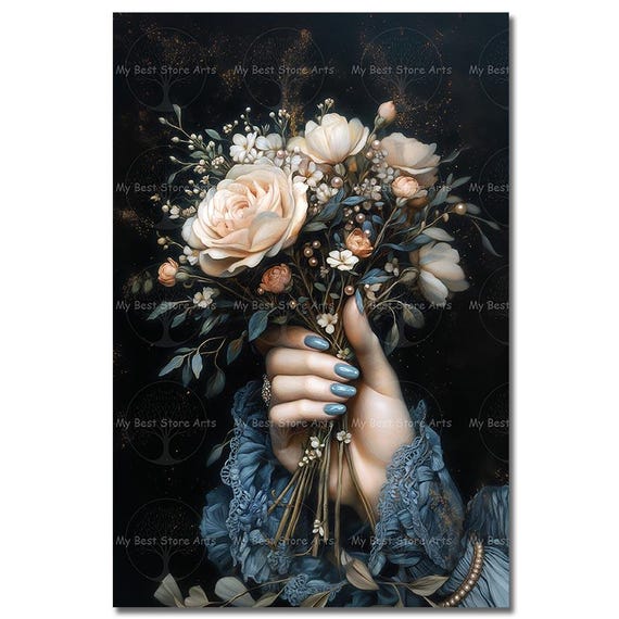 Flower Bouquet Art Print - Fantasy Victorian Hand Picture, Cute Moody Poster, Whimsical Decor, Elegant Fairytale, Antique-Themed