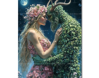 Mystical May Queen and Horned God Art Print - Pagan Beltane Poster, Witchy Esoteric Decor, Romantic Altar Art, Cottagecore Decor