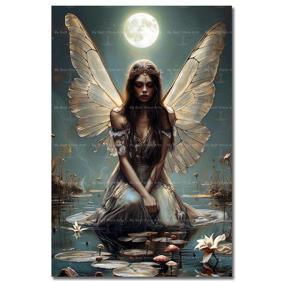 Fairy Under the Moon Art Print - Fantasy Wall Decor, Cottagecore Gothic ...