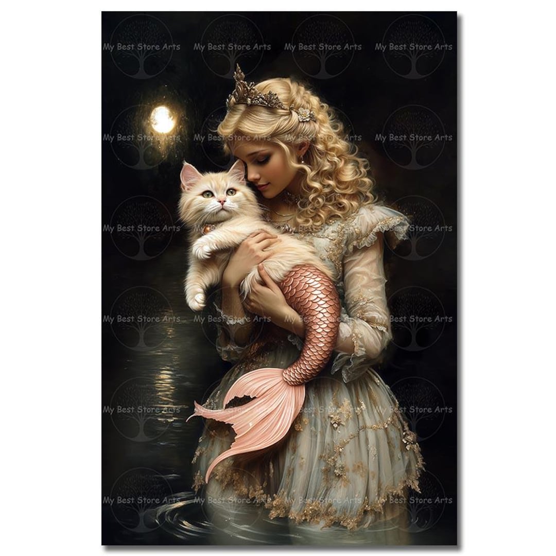 Princess and Mermaid Cat Art Print - Mystical Gothic Cat Poster
