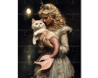 Princess and Mermaid Cat Art Print - Mystical Gothic Cat Poster, Cute Moody Fantasy Decor, Fairytale Animal Picture, Cat Lover Gift