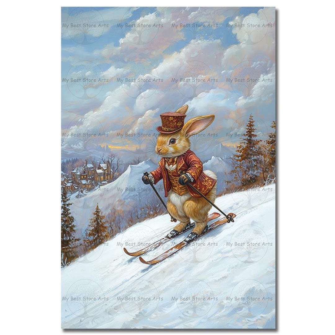 Skiing Rabbit Art Print - Winter Sports-themed Fantasy Picture, Cute ...