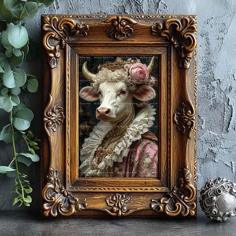 May include: A framed portrait of a white cow wearing a crown and a lace collar. The cow is depicted in a regal pose, with a pink flower in its hair. The frame is ornate and has a gold finish.