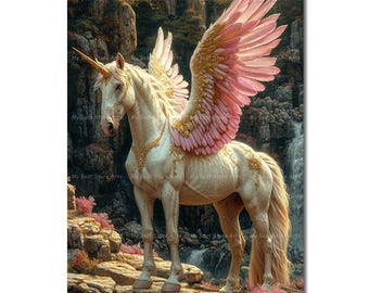 Beautiful Winged Unicorn Art Print - Fantasy Wall Decor, Pegasus Fairytale Poster, Whimsical, Cottagecore Picture