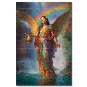 May include: A vibrant painting depicts a winged figure in a flowing, multi-colored gown, holding a golden jug. A rainbow arches across a waterfall backdrop. The artwork is signed "Aldana Arts" in the corners.