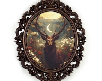 Moon Stag Canvas Decor- Hand-Painted Wooden Frame, Mystical Woodland Gothic Oval Wall Art, Dark Moody Cottagecore Nature Wall Decor