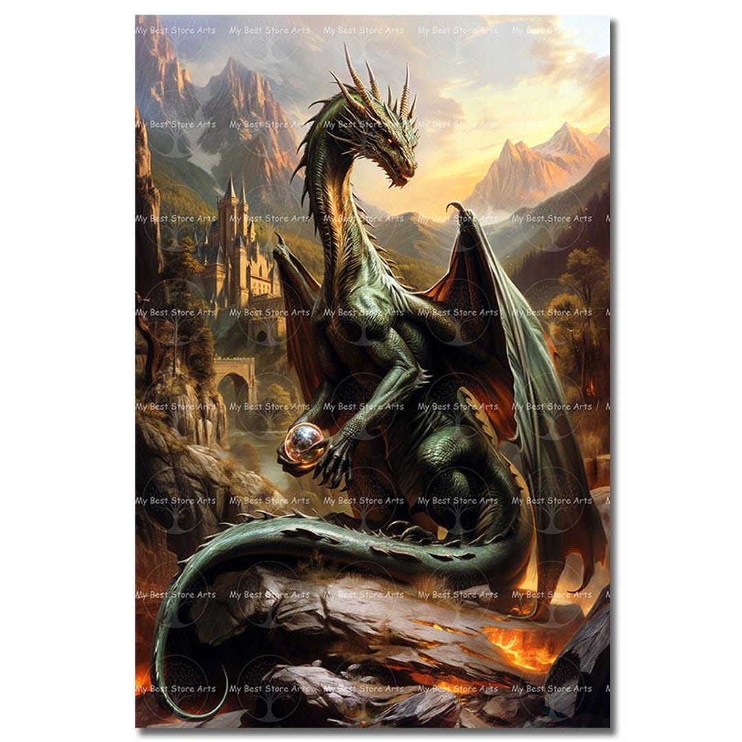Dragon With Crystal Ball Art Print - Fantasy Poster, Gothic Dark