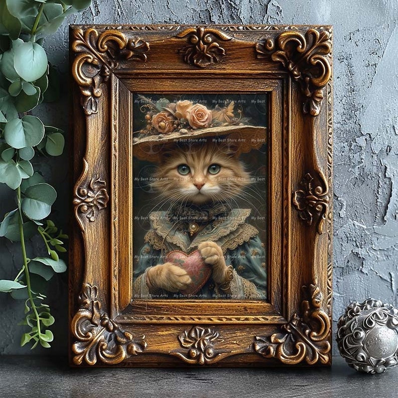Valentines Cat Art Print - Whimsical Cottagecore Poster, Cute Animal Wall Decor, Fantasy Victorian Picture image 3