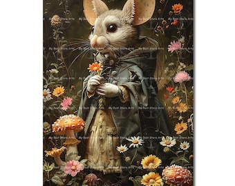 Garden Mouse Art Print - Fantasy Poster, Gothic Wall Decor, Cute Whimsical Victorian Animal Picture