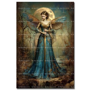 Fairy Warrior Art Print - Fantasy Cottagecore Picture, Fae Poster, Whimsical Moon Wall Decor, Blue Pixie, Folklore, Gothic Moody