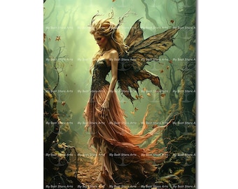 Gothic Fairy Art Print - Fantasy Cottagecore Picture, Fae Poster, Dark Academia Wall Decor, Spooky Moody Pixie Faerie