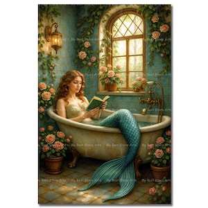 Reading Mermaid Bathtub Art Print | Fantasy Victorian Siren Decor | Cute Bookish Poster | Whimsical Cozy Mystical Fairytale Wall Art