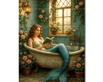 Reading Mermaid Bathtub Art Print | Fantasy Victorian Siren Decor | Cute Bookish Poster | Whimsical Cozy Mystical Fairytale Wall Art