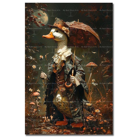 Whimsical Duck Art Print - Fantasy Wall Decor, Gothic Animal Portrait, Victorian Cottagecore Bird Poster
