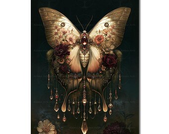 Flora Butterfly Art Print - Dark Academia Boho Nature Wall Decor, Surreal Whimsical Gothic Flora Poster, Romantic Fantasy Picture