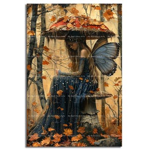 Blue Fairy Art Print - Fantasy Cottagecore Picture, Autumn Fae Poster, Whimsical Nature Wall Decor, Pixie Faerie, Folklore Moody
