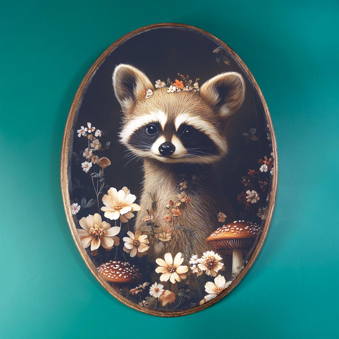 Cottagecore Raccoon Wooden Decor | Botanical Mushroom Wood Plaque ...