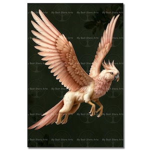 Parrot Griffin Art Print - Fantasy Decor, Whimsical Fairytale Creature Poster, Cute Mythical Pink Gryphon, Odd Cockatoo Animal Art
