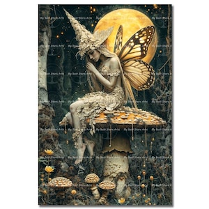 Moth Fairy Art Print - Fantasy Cottagecore Picture, Moon Fae Poster, Moody Whimsical Nature Decor, Celestial Pixie, Folklore Mushroom