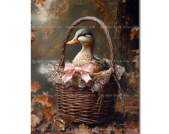Basket Duck Art Print - Victorian Cat Poster, Cute Moody Decor, Elegant, Antique-Themed, Elegant Animal Decor, Vintage-Themed