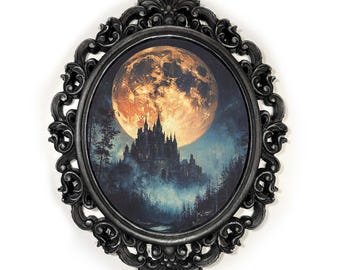 Spooky Castle Canvas Decor- Hand-Painted Wooden Frame, Fantasy Halloween Wall Art, Gothic Dark Academia Oval Decor, Moody Art