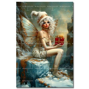 Winter Fairy Art Print - Fantasy Holiday Picture, Cute Snow Fae Poster, Celestial Whimsical Nature Wall Decor, Pixie Faerie, Folklore