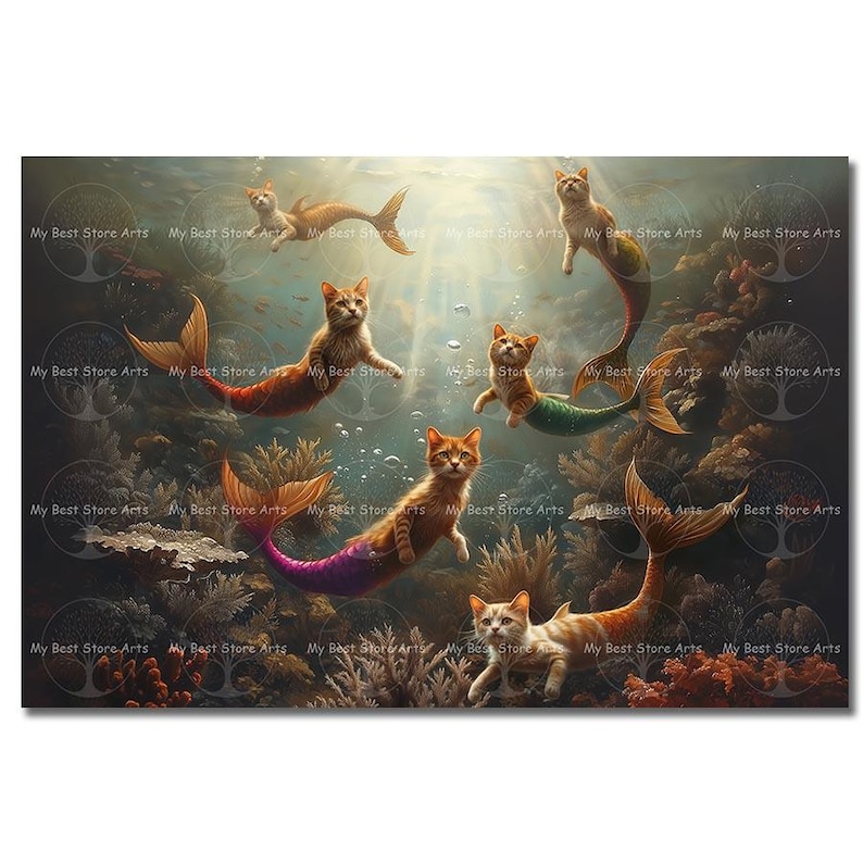 Fish Cat Names Underwater Mermaid Cats Art Print - Ocean Siren Cat Poster, Cute ...