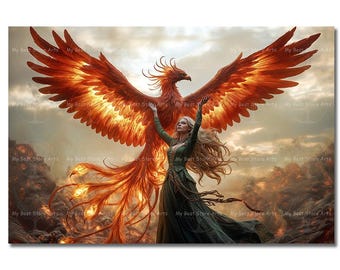 Phoenix Witch Art Print - Fantasy Picture, Gothic Fire Bird Poster, Whimsical Mystical Fairytale Decor, Mythological Animal Decor