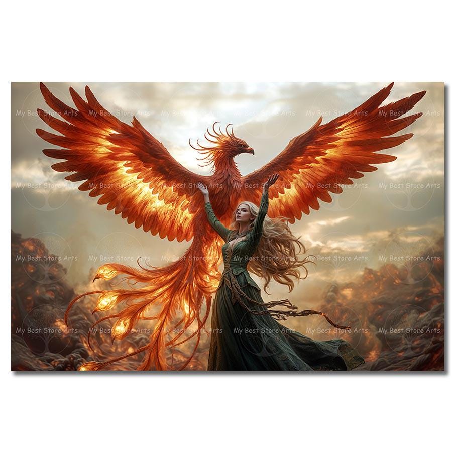 Phoenix Witch Art Print - Fantasy Picture, Gothic Fire Bird Poster