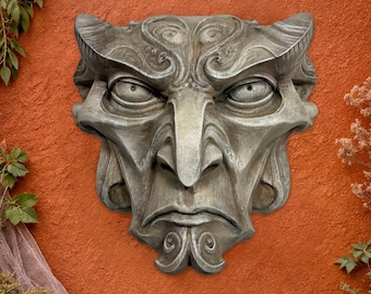 Gargoyle Face Wall Sculpture - Hand-Painted Concrete Decor, Dark Fantasy Fine Art, Mythical Moody Gothic Decor
