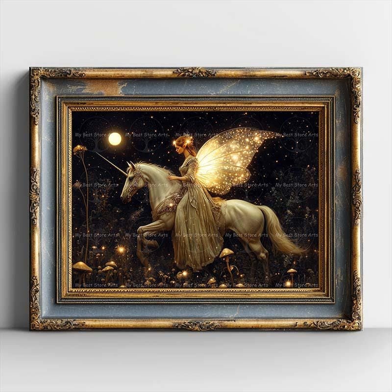 Fairy and Unicorn Art Print - Fantasy Cottagecore Picture, Fae