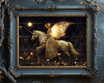 Fairy and Unicorn Art Print - Fantasy Cottagecore Picture, Fae