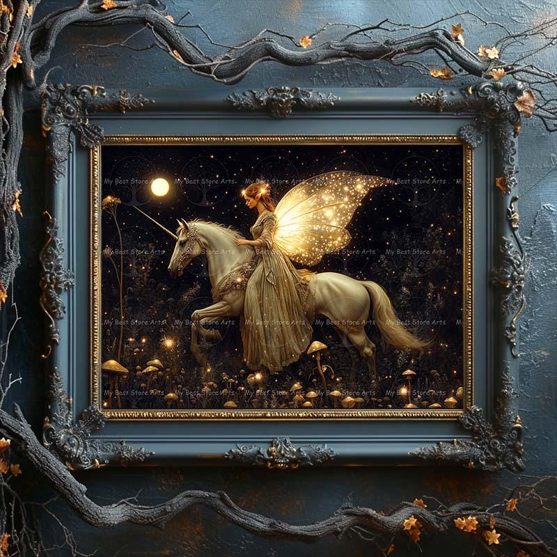 Fairy and Unicorn Art Print - Fantasy Cottagecore Picture, Fae