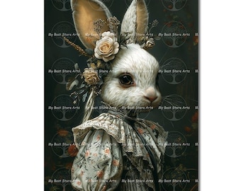 Victorian Rabbit Art Print - Gothic Fantasy Poster, Animal Decor, Bunny Portrait, Cute Whimsical Moody Cottagecore Picture