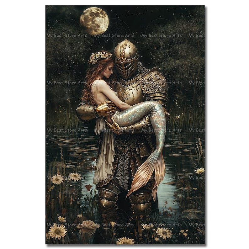 Mermaid Knight Remy Armored Knight and Mermaid Art Print - Fantasy Wall Decor, Siren Poster ...