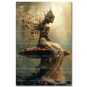 Crystal Fairy Art Print - Fantasy Moon Picture, Midnight Fairycore Forest Poster, Whimsical Nature Wall Art, Cute Mushrooms