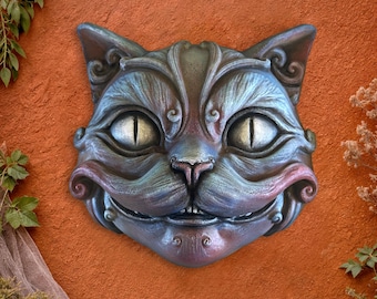 Grinning Cat Face Wall Sculpture - Hand-Painted Concrete Decor, Whimsical Gothic Fantasy Fine Art