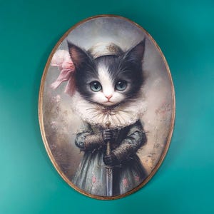Kitten Warrior Wooden Decor | Vintage-Style Wood Plaque, Moody Cute Witchy Gothic Art | Whimsical Fantasy Cat | Animal Wall Decor