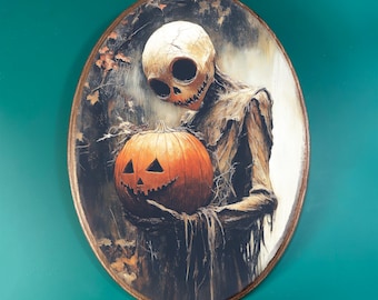 Halloween Skeleton Wooden Decor- Witchy Spooky Pumpkin, Vintage Style Wood Plaque, Dark Academia Fantasy Wall Art, Gothic Witchy Zombie
