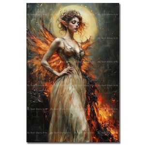 Fire Nymph Art Print - Fantasy Fairy Picture, Witchy Spooky Fae Poster, Dark Academia Wall Decor, Mystical Moody Gothic Woman Art