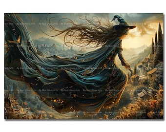 May include: An artistic print depicts a witch in a flowing blue gown and hat, soaring over a village. The artwork features long, flowing hair and a dramatic cape, set against a backdrop of rolling hills and a sunset.
