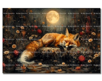 Sleeping Fox Art Print - Botanical Cottagecore Poster, Moody Flower Wall Decor, Moon Picture, Animal Fantasy Portrait, Vintage-Themed