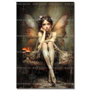 May include: A digital art print of a fairy with large, detailed wings. The fairy is seated, with a thoughtful expression, wearing a flowing gown. The artwork has a soft, ethereal quality, with muted colors and a focus on detail.
