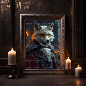 May include: A framed painting of a fox wearing a dark blue and red suit with a white cravat. The fox has a white and orange coat and is looking directly at the viewer. The background is dark and blurry.