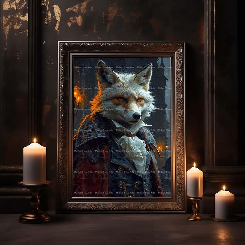 May include: A framed painting of a fox wearing a dark blue and red suit with a white cravat. The fox has a white and orange coat and is looking directly at the viewer. The background is dark and blurry.