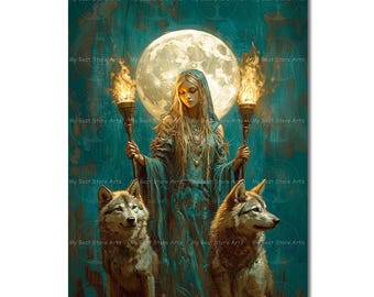 Hecate Gothic Art Print - Witchy Picture, Folklore Wolf Dogs Wall Decor, Occult Dark Academia Poster, Witchcraft Goddess, Pagan Decor