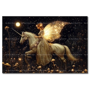 Fairy and Unicorn Art Print - Fantasy Cottagecore Picture, Fae Poster, Whimsical Horse Wall Decor, Pixie, Folklore Fairytale, Celestial