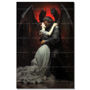Demon and Woman Art Print -Spooky Romantic Gothic Devil Wall Decor, Fantasy Dark Academia Poster, Moody Fallen Angel Picture