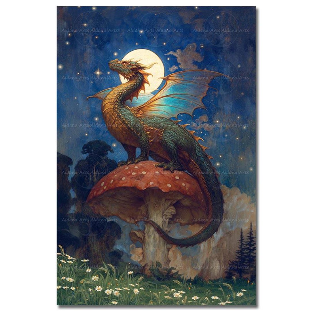 Mushroom Dragon Art Print - Fantasy Poster, Fairytale Night Wall Decor ...