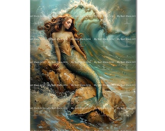 Mermaid Ocean Waves Art Print - Fantasy Wall Decor, Siren Poster, Surreal Picture, Dream Gothic Fairycore, Cute Moody, Folklore
